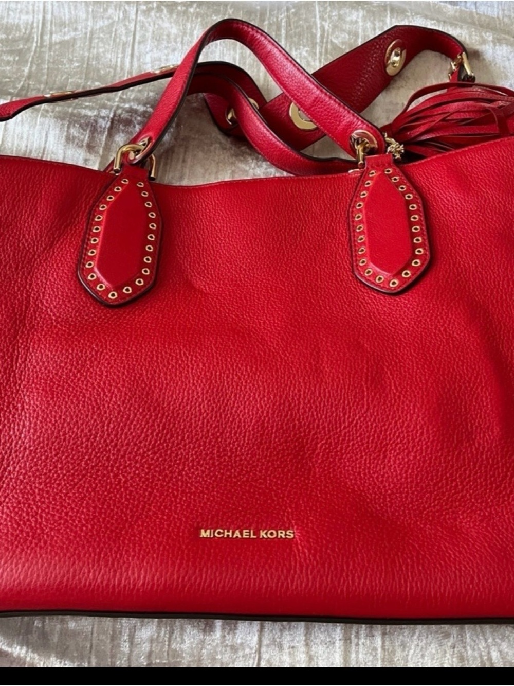 Michael Kors Red Leather Tote with Tassel and Gold Accents - Picture 3 of 9
